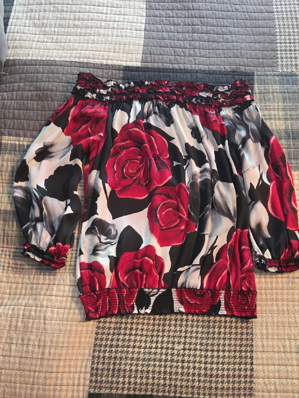 White House Black Market Red, Black & White Floral Off-Shoulder Blouse.